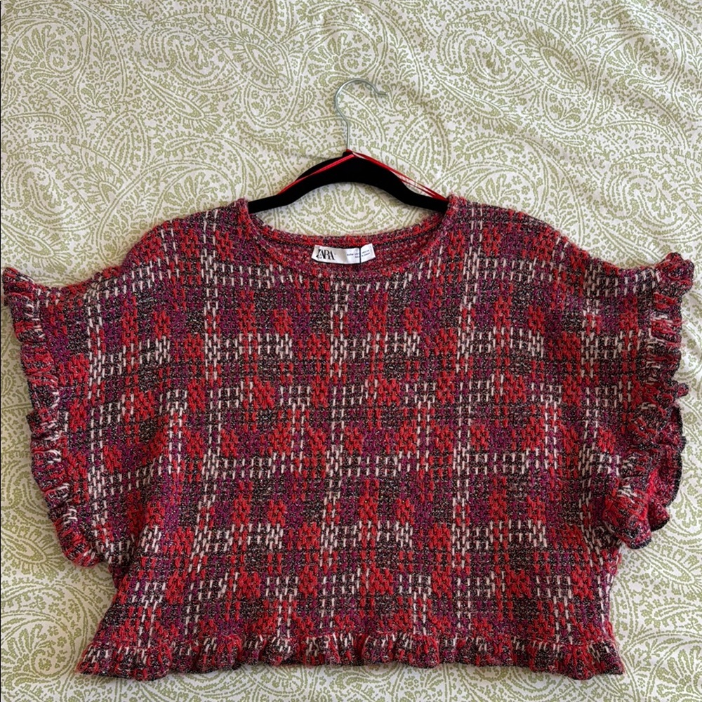 Zara Red Crew Neck Sweater with Ruffled Sleeves